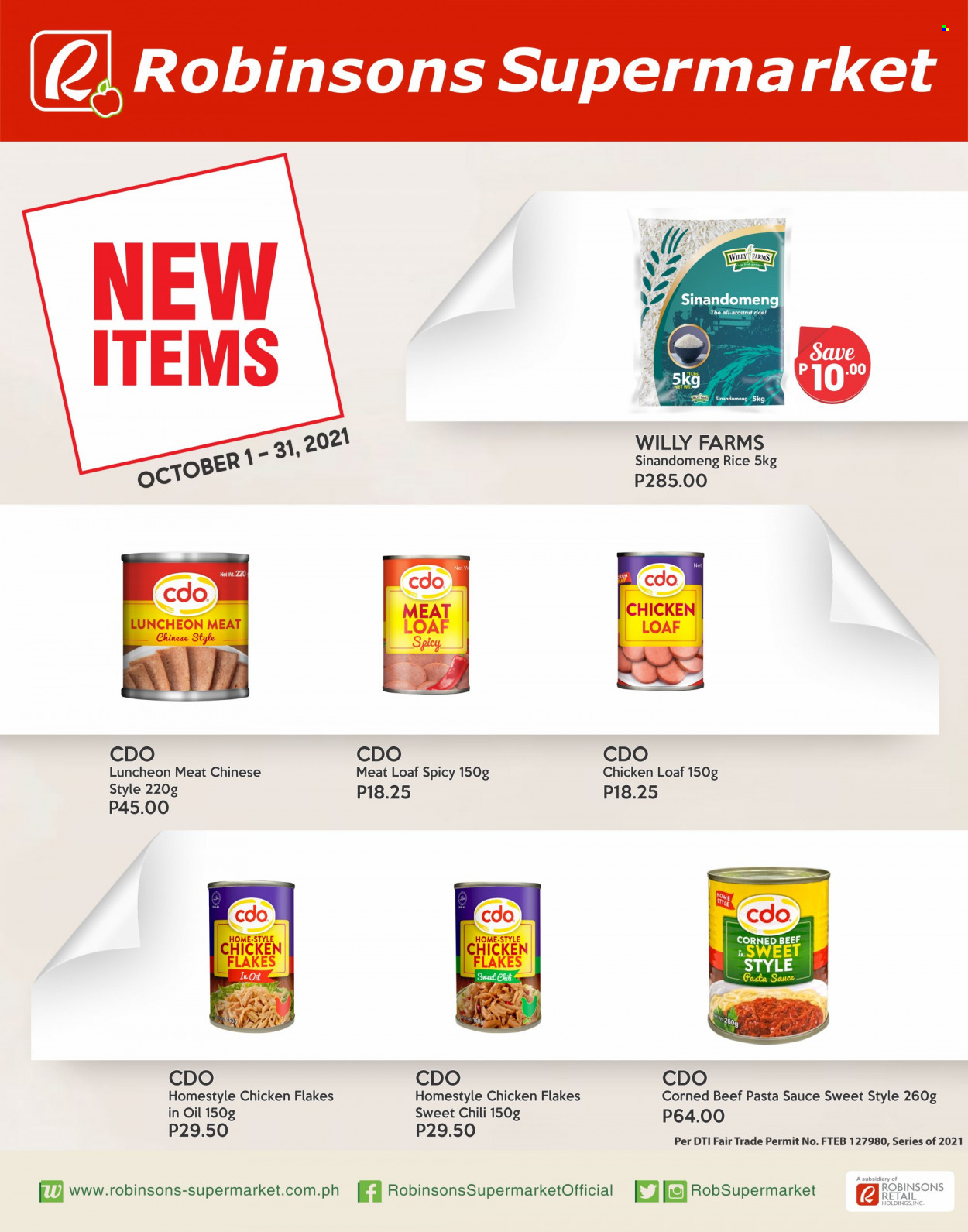 thumbnail - Robinsons Supermarket offer  - 1.10.2021 - 31.10.2021 - Sales products - beef meat, pasta sauce, sauce, corned beef, rice. Page 1.
