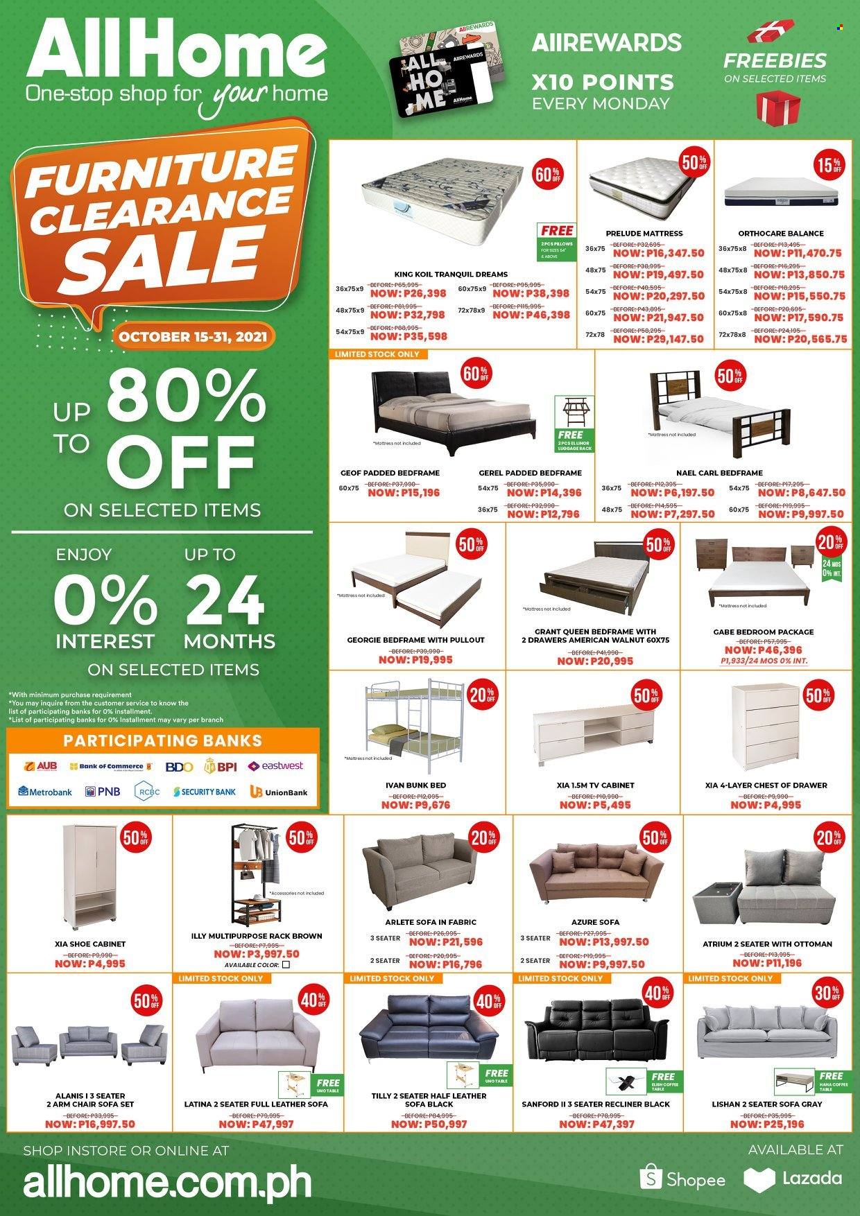 thumbnail - AllHome offer  - 15.10.2021 - 31.10.2021 - Sales products - TV, cabinet, table, chair, arm chair, leather sofa, sofa, recliner chair, coffee table, ottoman, bed, mattress, shoe cabinet. Page 1.