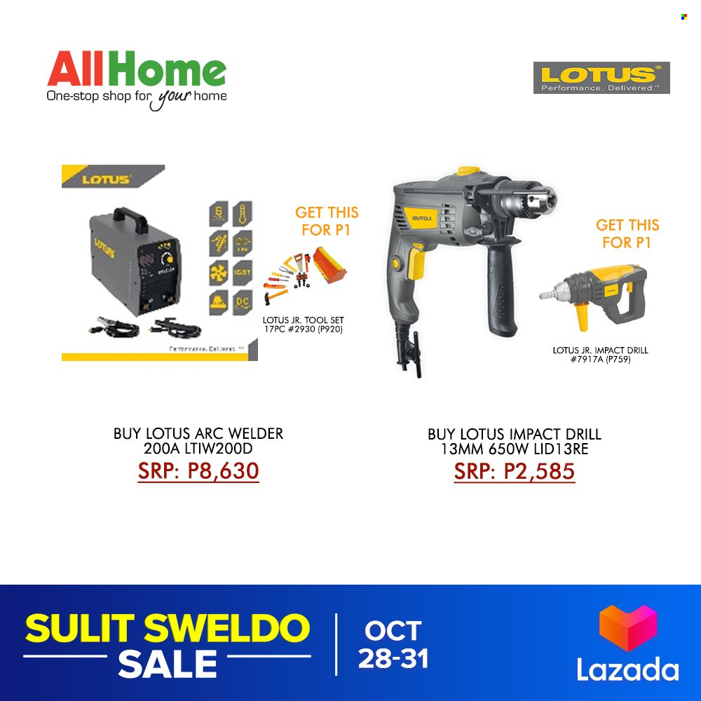 AllHome offer  - 28.10.2021 - 31.10.2021 - Sales products - Lotus, drill, tool set, welder. Page 16.