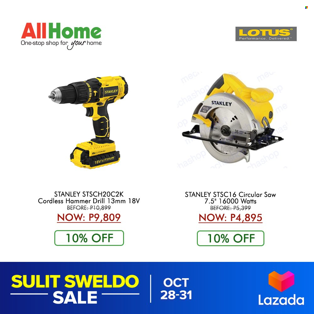 AllHome offer  - 28.10.2021 - 31.10.2021 - Sales products - Lotus, Stanley, drill, circular saw, saw. Page 21.