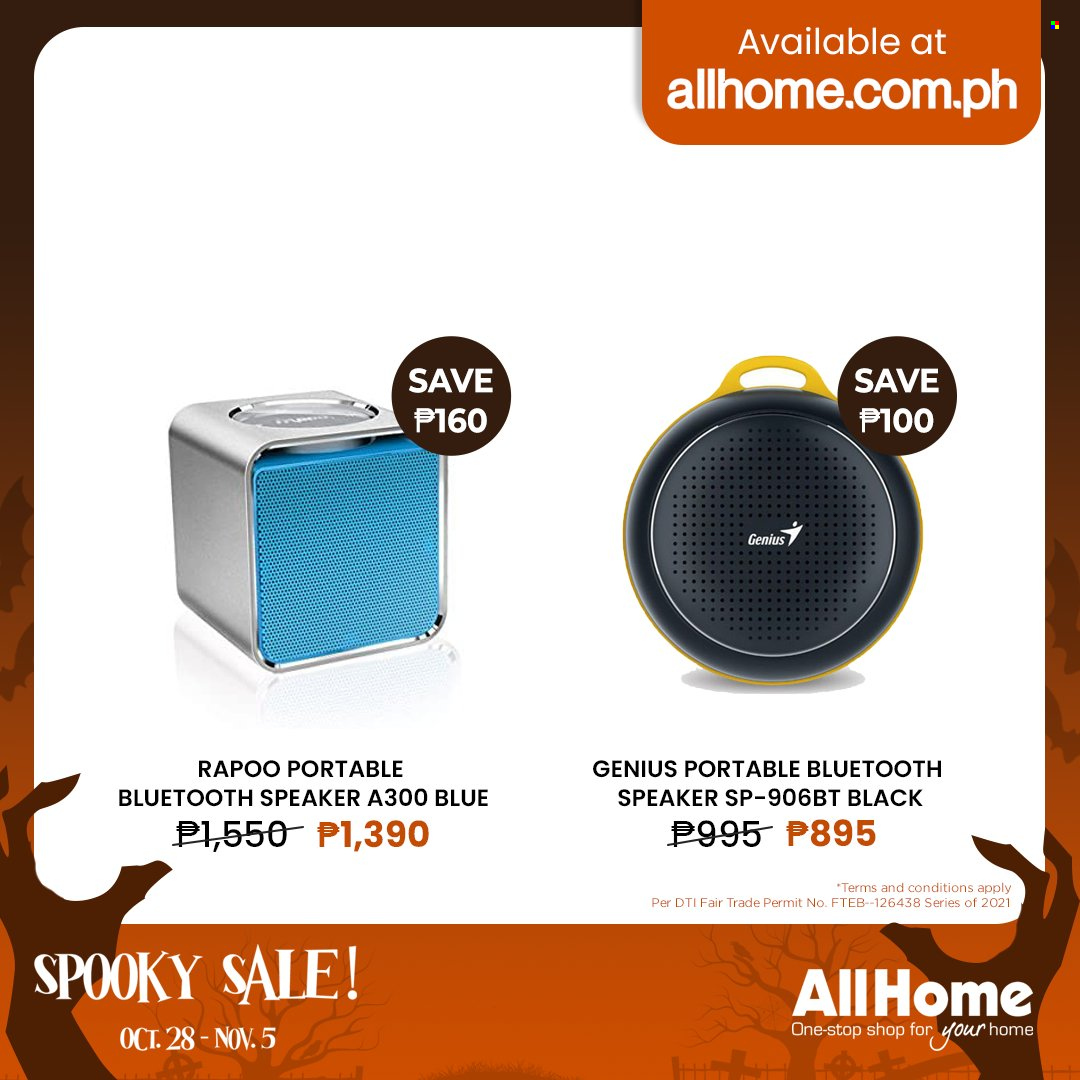 AllHome offer  - 28.10.2021 - 5.11.2021 - Sales products - speaker, bluetooth speaker. Page 34.