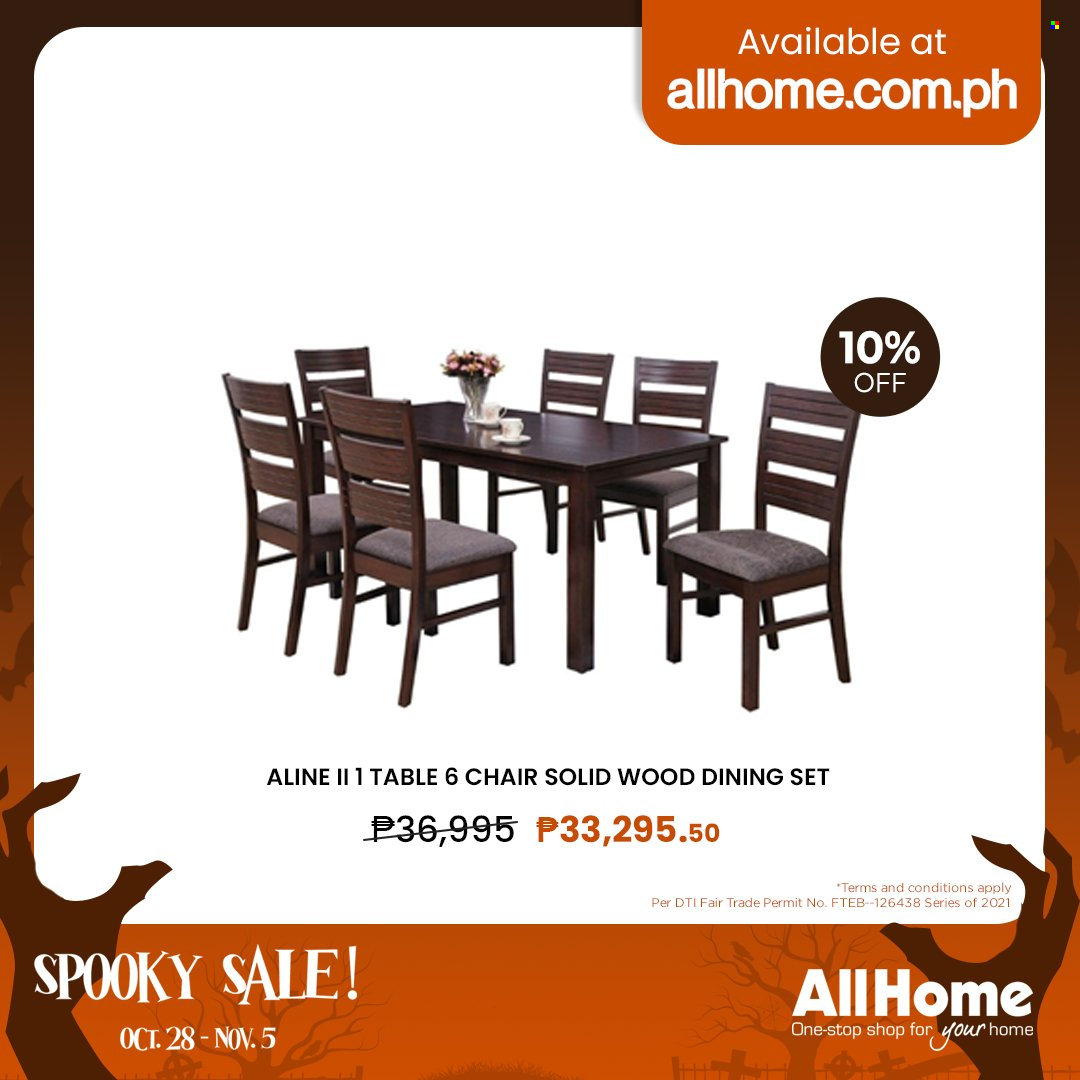 AllHome offer  - 28.10.2021 - 5.11.2021 - Sales products - dining set, table, chair. Page 52.