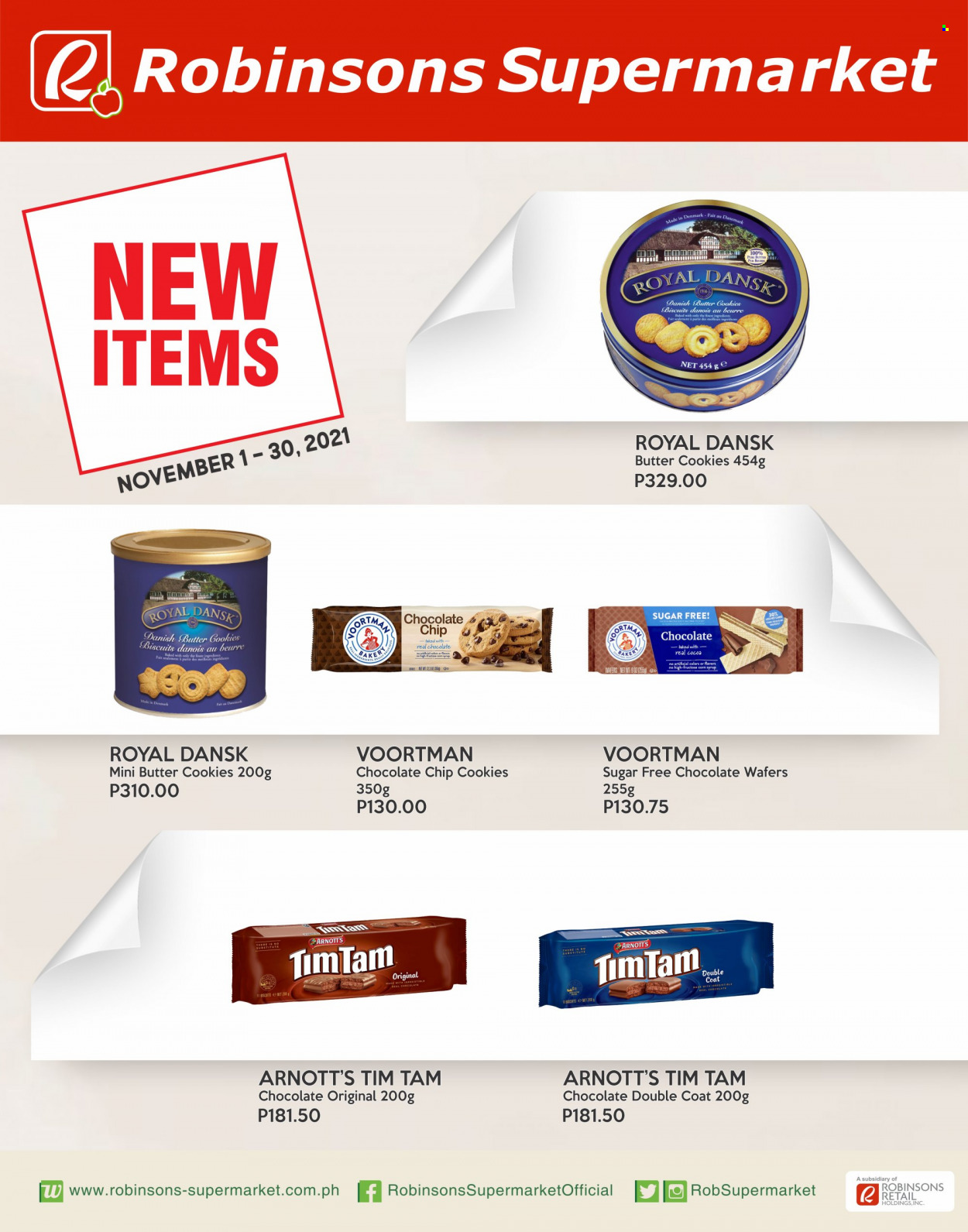 Robinsons Supermarket offer  - 1.11.2021 - 30.11.2021 - Sales products - corn, cookies, wafers, chocolate wafers, butter cookies, Tim Tam, biscuit, cocoa, corn syrup, syrup. Page 1.