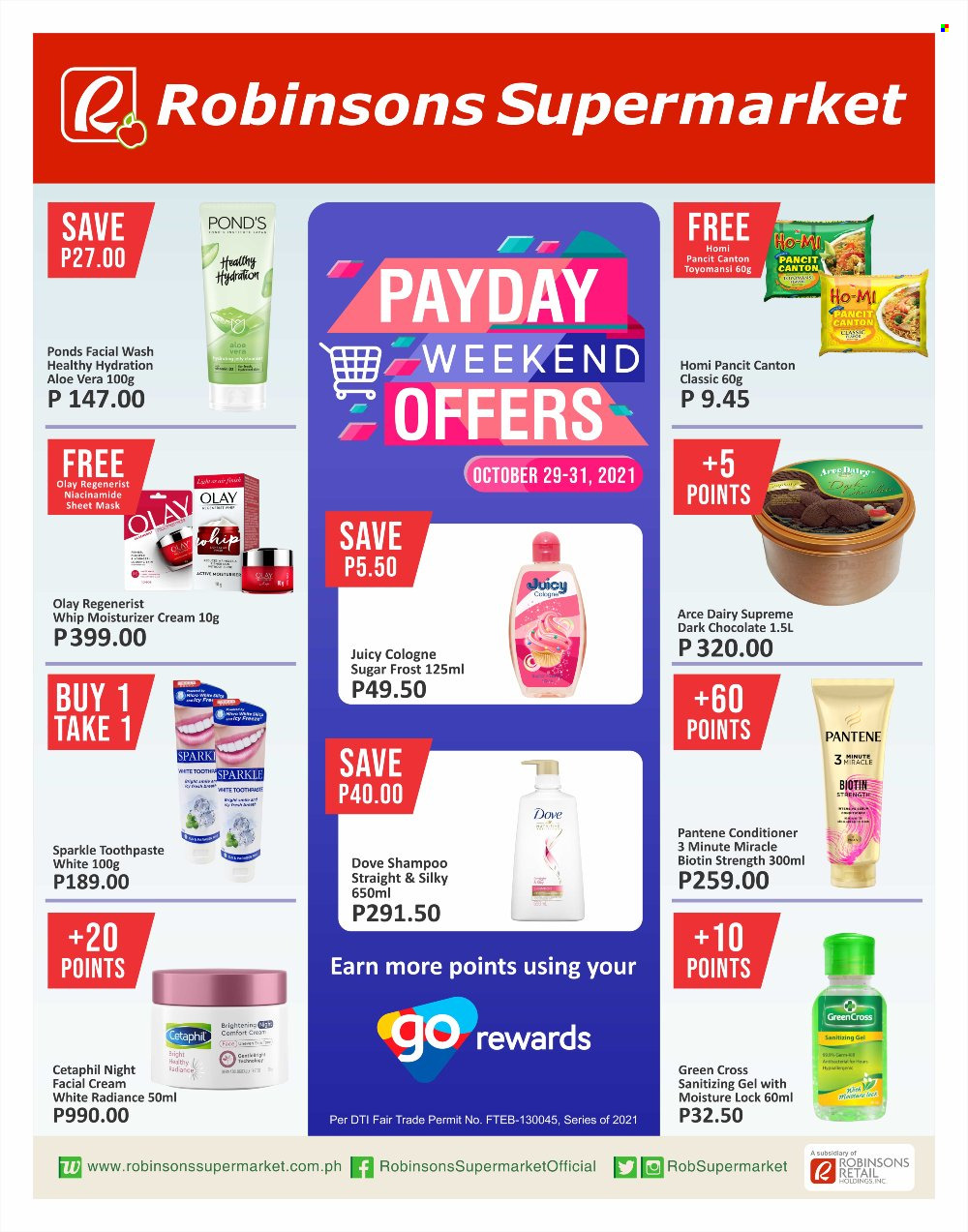 Robinsons Supermarket offer  - 29.10.2021 - 31.10.2021 - Sales products - chocolate, dark chocolate, sugar, Dove, shampoo, POND'S, toothpaste, moisturizer, Olay, Niacinamide, conditioner, Pantene, cologne, Biotin. Page 1.