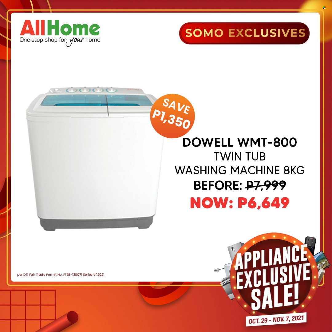 AllHome offer  - 29.10.2021 - 7.11.2021 - Sales products - washing machine. Page 21.