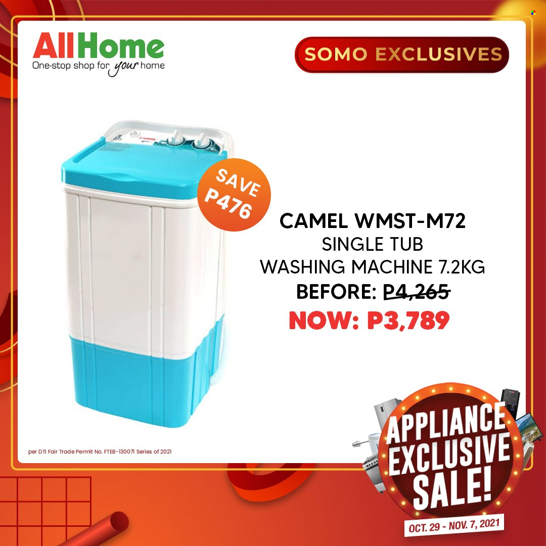 AllHome offer  - 29.10.2021 - 7.11.2021 - Sales products - washing machine. Page 23.