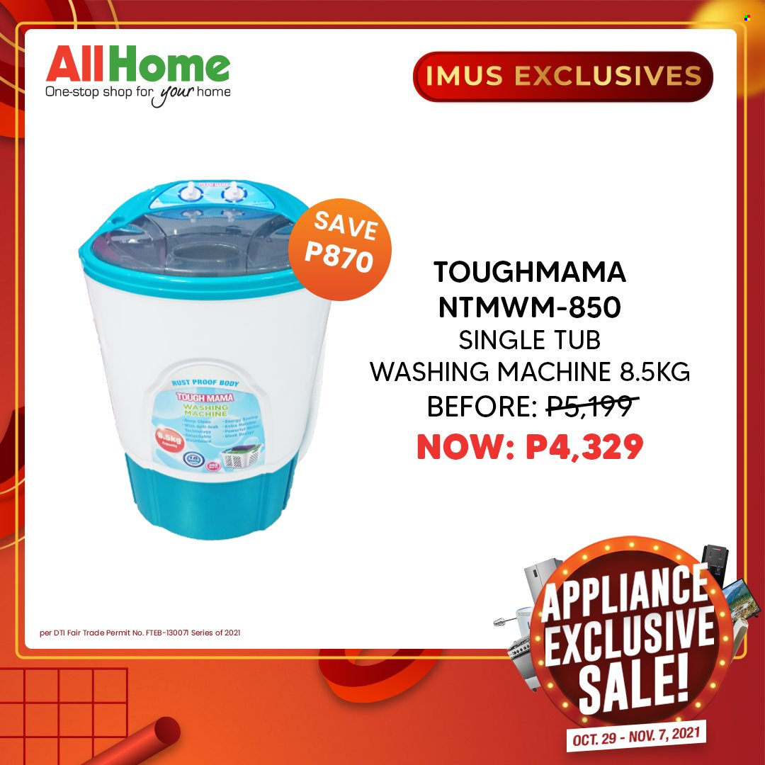AllHome offer  - 29.10.2021 - 7.11.2021 - Sales products - washing machine. Page 34.
