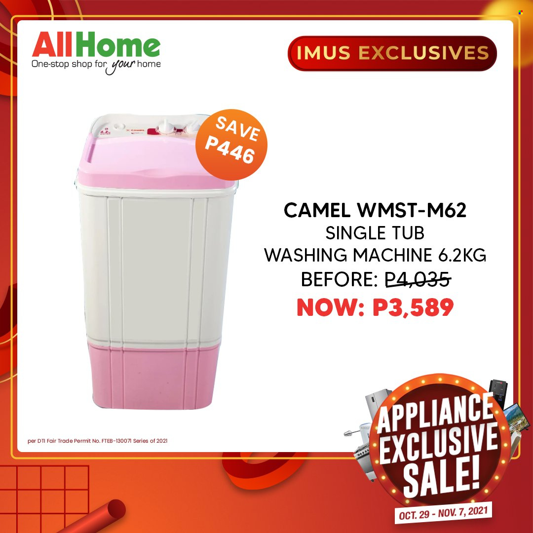 AllHome offer  - 29.10.2021 - 7.11.2021 - Sales products - washing machine. Page 37.