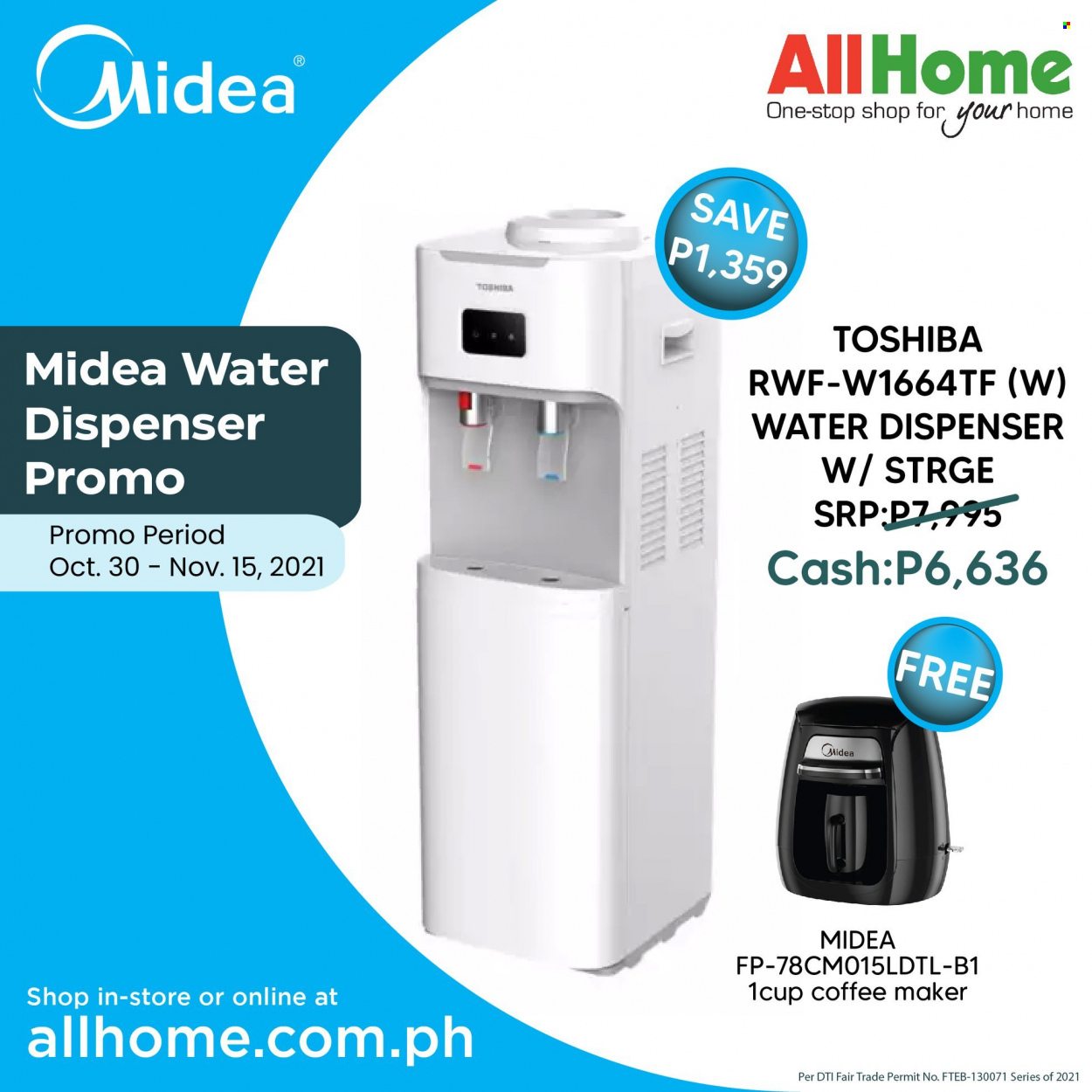 AllHome offer  - 30.10.2021 - 15.11.2021 - Sales products - dispenser, Toshiba, Midea, coffee machine. Page 1.