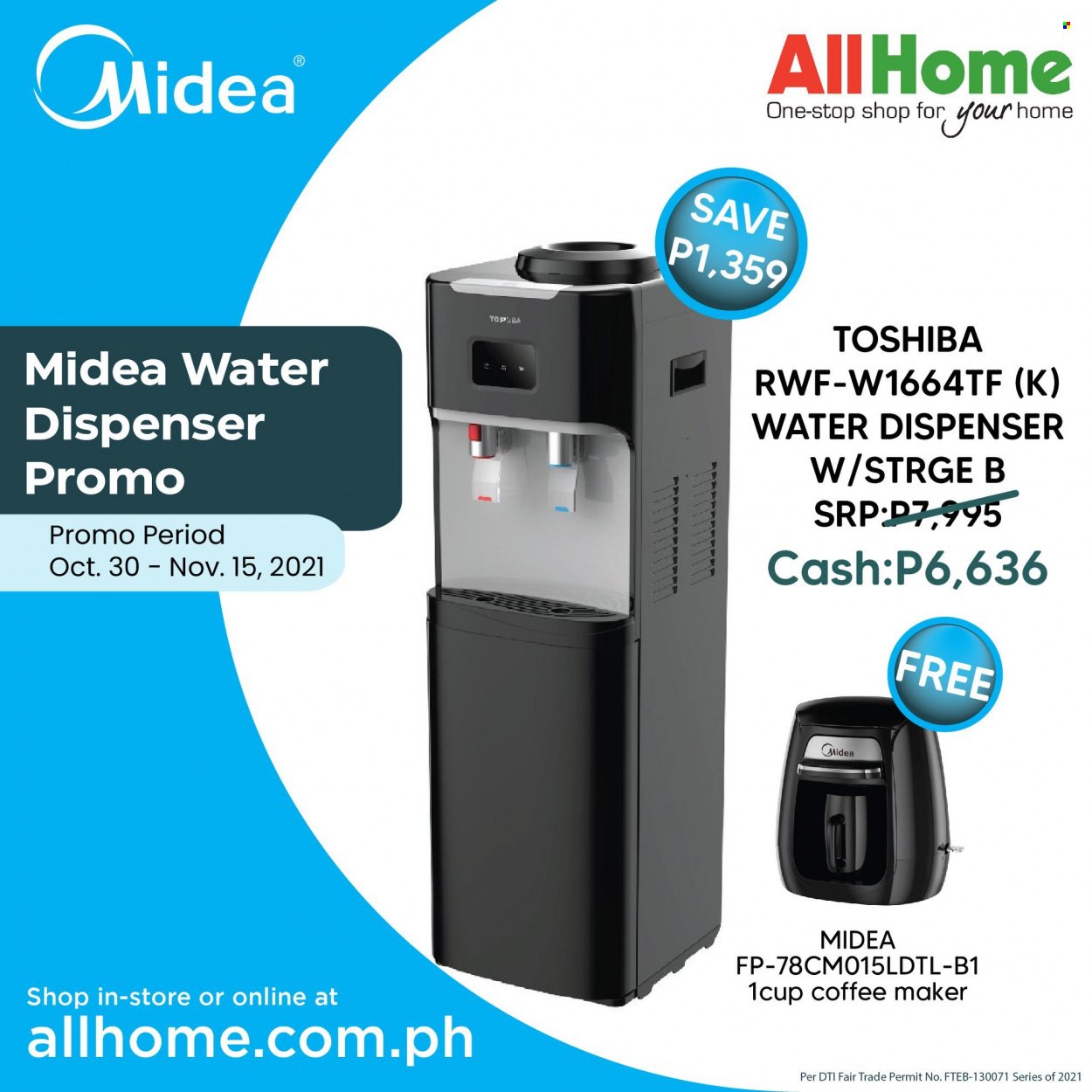 AllHome offer  - 30.10.2021 - 15.11.2021 - Sales products - dispenser, Toshiba, Midea, coffee machine. Page 3.
