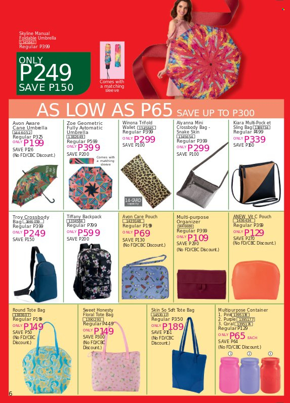 thumbnail - Avon offer  - 20.11.2021 - 30.11.2021 - Sales products - Avon, Anew, Zoe, bag, container, backpack, tote, cross body bag, tote bag, sling bag, wallet, umbrella. Page 6.