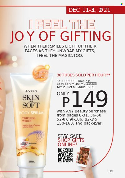 thumbnail - Avon offer  - 1.12.2021 - 31.12.2021 - Sales products - Avon, serum, Skin So Soft. Page 147.