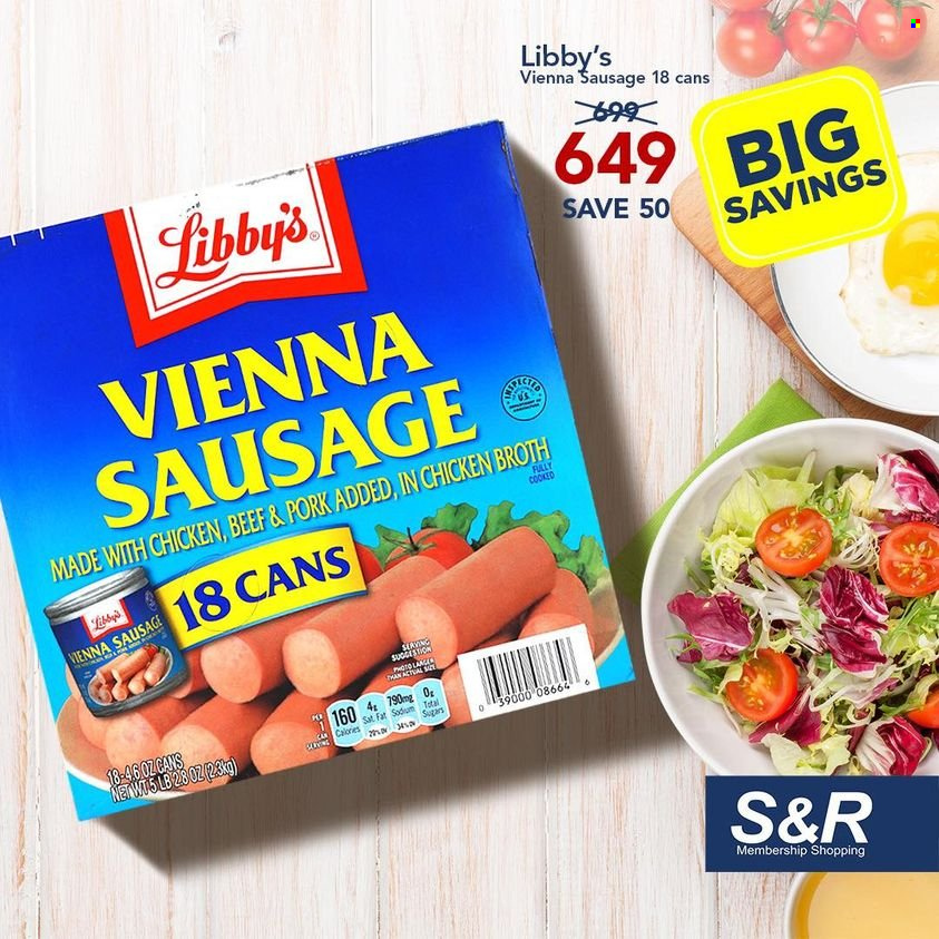 thumbnail - S&R Membership Shopping offer  - Sales products - sausage, vienna sausage, chicken broth, broth. Page 1.