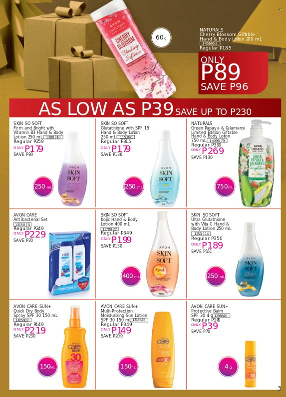 thumbnail - Avon offer  - 18.12.2021 - 31.12.2021 - Sales products - Avon, Skin So Soft, body spray, sun lotion, quick dry. Page 3.