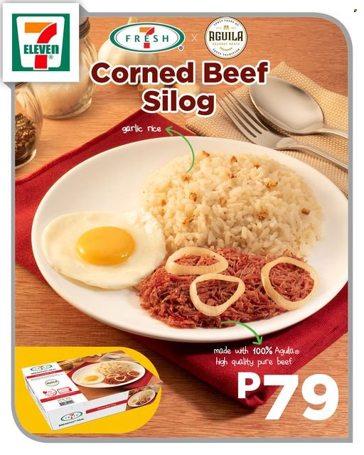 7 Eleven offer  - Sales products - garlic, corned beef, beef meat. Page 1.