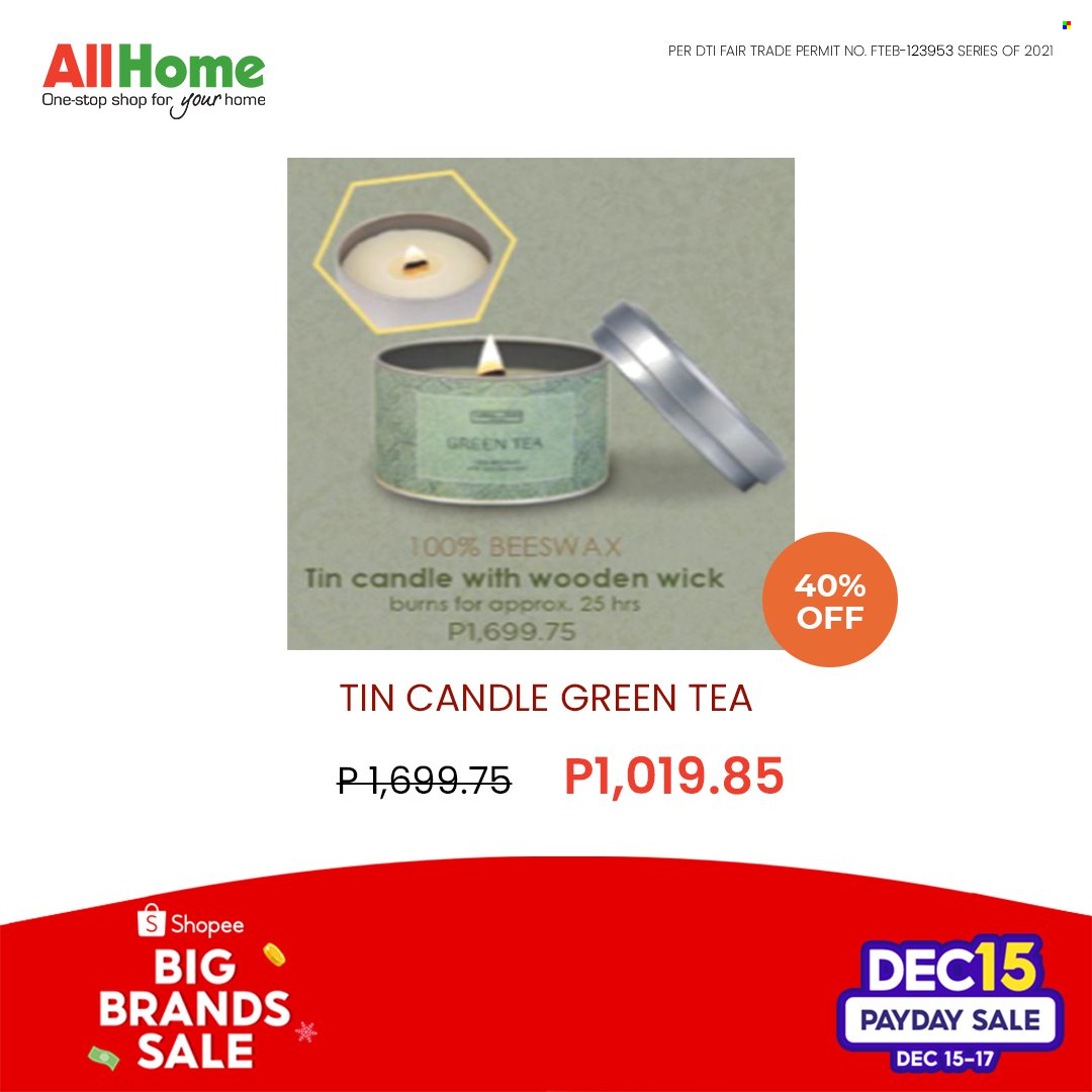 AllHome offer  - 15.12.2021 - 17.12.2021 - Sales products - candle. Page 21.
