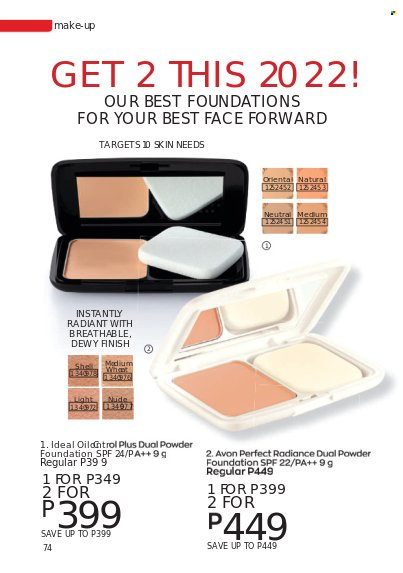thumbnail - Avon offer  - 1.1.2022 - 31.1.2022 - Sales products - Avon, face powder, powder foundation. Page 74.