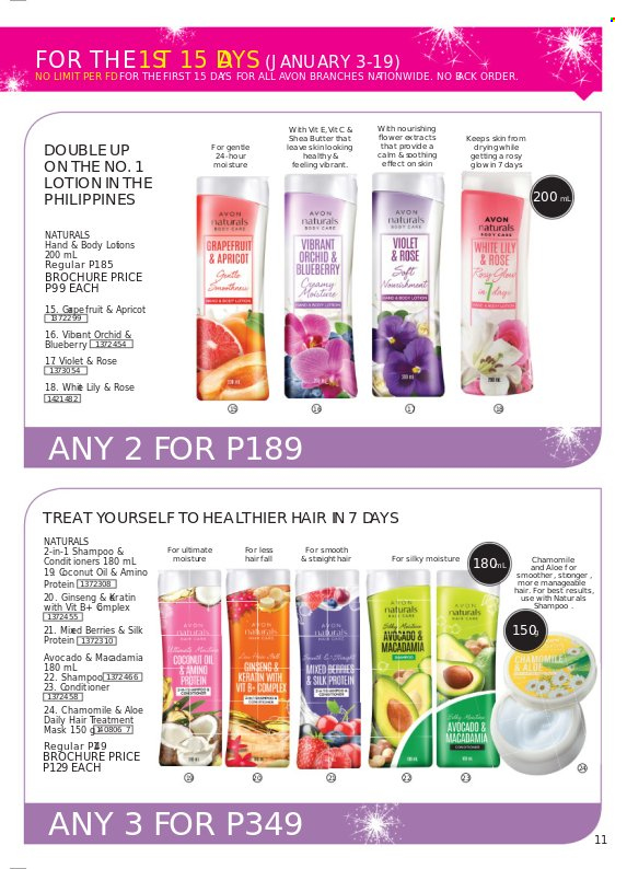 thumbnail - Avon offer  - 1.1.2022 - 31.1.2022 - Sales products - shampoo, Avon, body lotion, shea butter, ginseng. Page 11.