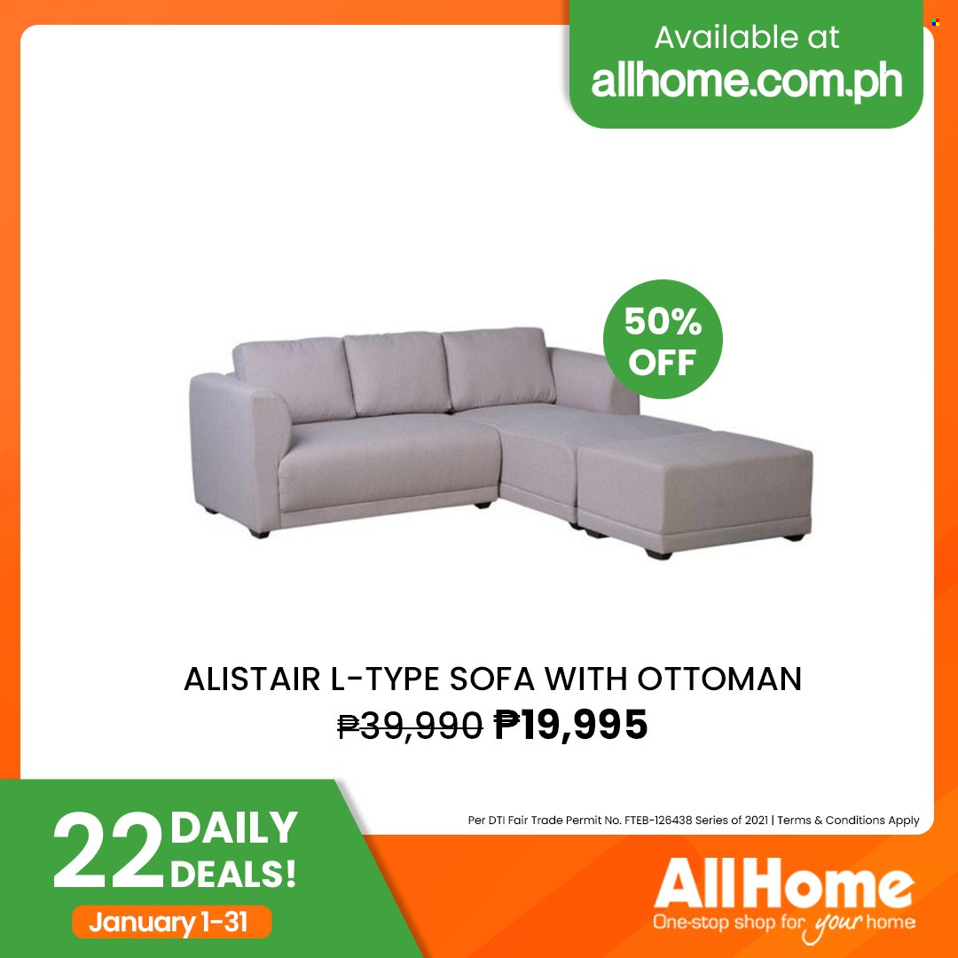 thumbnail - AllHome offer  - 1.1.2022 - 31.1.2022 - Sales products - sofa, ottoman. Page 28.