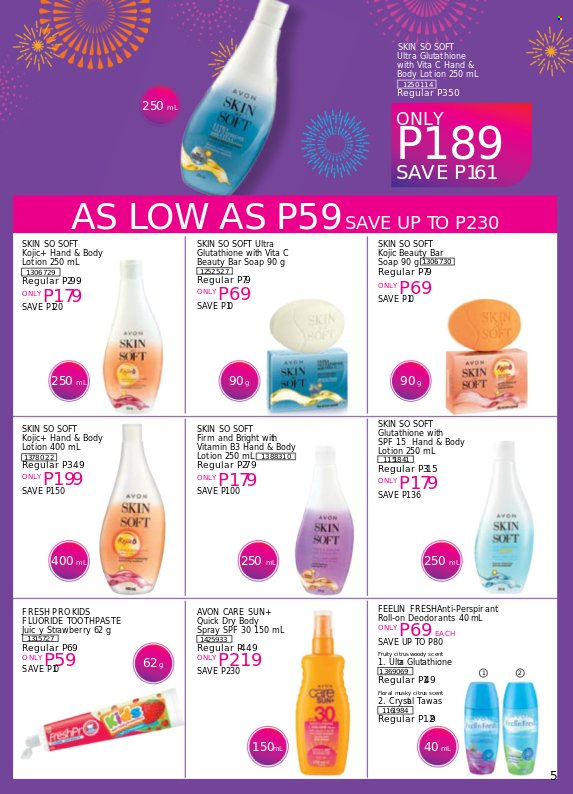 thumbnail - Avon offer  - 22.1.2022 - 31.1.2022 - Sales products - Avon, soap bar, soap, toothpaste, Skin So Soft, body lotion, body spray, roll-on, deodorant, quick dry. Page 5.