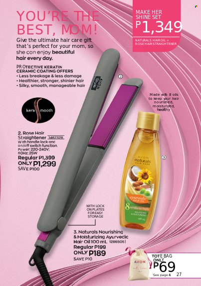 thumbnail - Avon offer  - 1.5.2022 - 31.5.2022 - Sales products - Avon, hair oil, keratin, bag, straightener, tote, tote bag. Page 27.