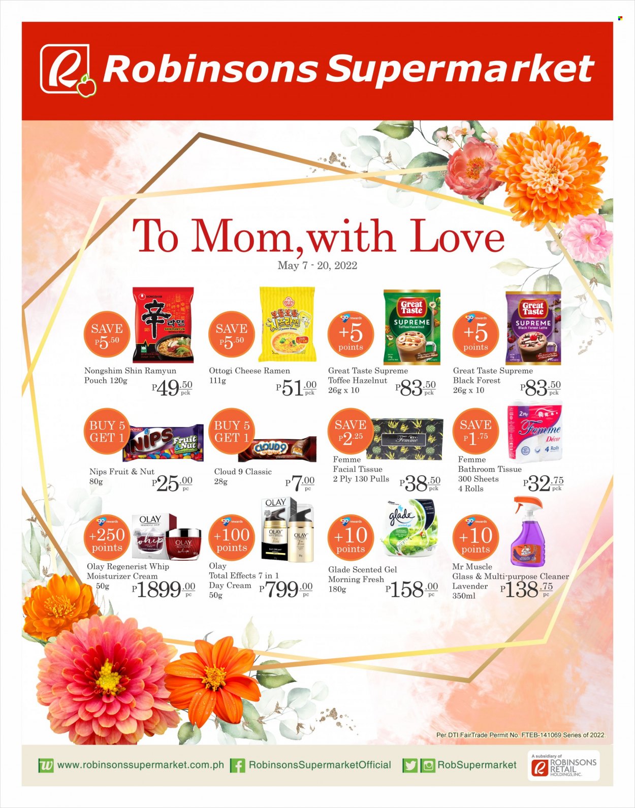 thumbnail - Robinsons Supermarket offer  - 7.5.2022 - 20.5.2022 - Sales products - ramen, soup, noodles cup, noodles, cheese, toffee, Cloud 9, NIPS, coffee, bath tissue, cleaner, Mr. Muscle, day cream, moisturizer, Olay. Page 1.