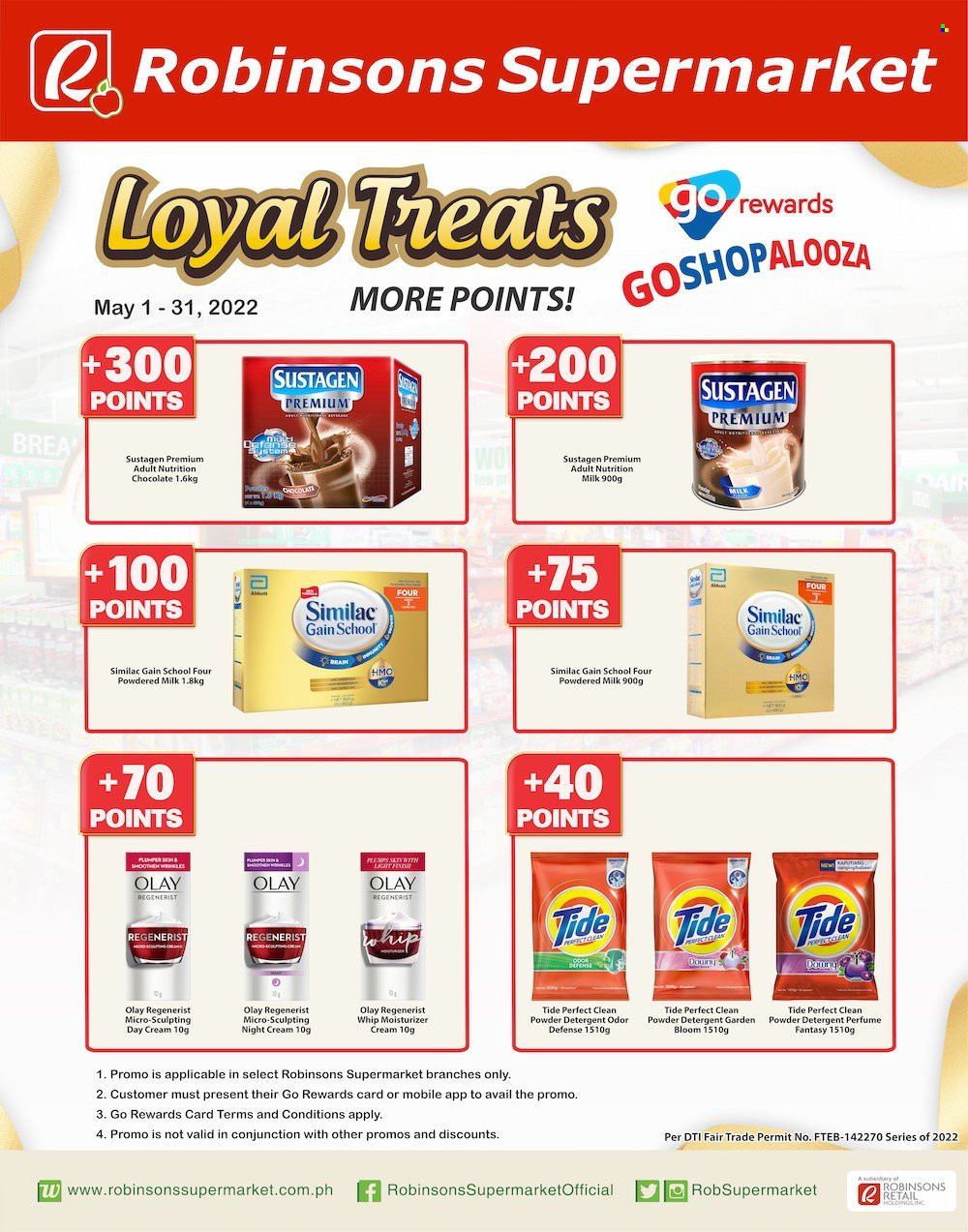 thumbnail - Robinsons Supermarket offer  - 1.5.2022 - 31.5.2022 - Sales products - chocolate, powdered milk, Similac, detergent, Gain, Tide, day cream, moisturizer, night cream, Olay, eau de parfum. Page 1.