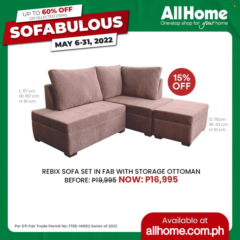 thumbnail - AllHome offer  - 6.5.2022 - 31.5.2022 - Sales products - sofa, ottoman. Page 10.