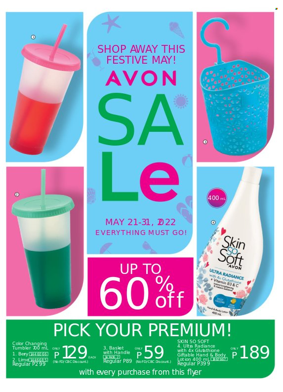 thumbnail - Avon offer  - 21.5.2022 - 31.5.2022 - Sales products - Avon, Skin So Soft, tumbler, Go!. Page 1.