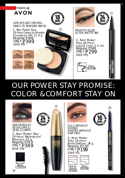 thumbnail - Avon offer  - 1.7.2022 - 31.7.2022 - Sales products - Avon, makeup, mascara, waterproof mascara, face powder, powder foundation, hook. Page 76.