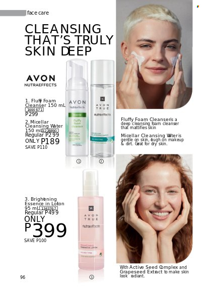 thumbnail - Avon offer  - 1.7.2022 - 31.7.2022 - Sales products - Avon, cleanser, cleansing foam, Nutra Effects, makeup. Page 96.