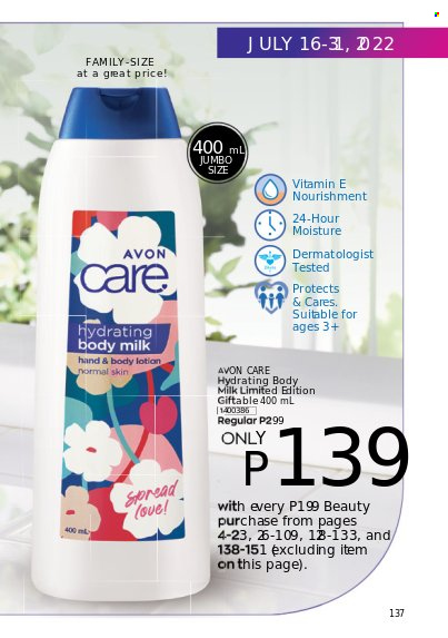 thumbnail - Avon offer  - 1.7.2022 - 31.7.2022 - Sales products - Avon, body lotion, body milk. Page 137.