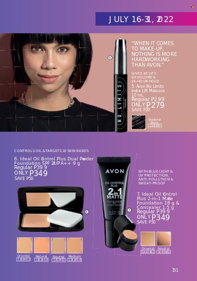 thumbnail - Avon offer  - 1.7.2022 - 31.7.2022 - Sales products - Avon, corrector, makeup, mascara, face powder, powder foundation. Page 151.