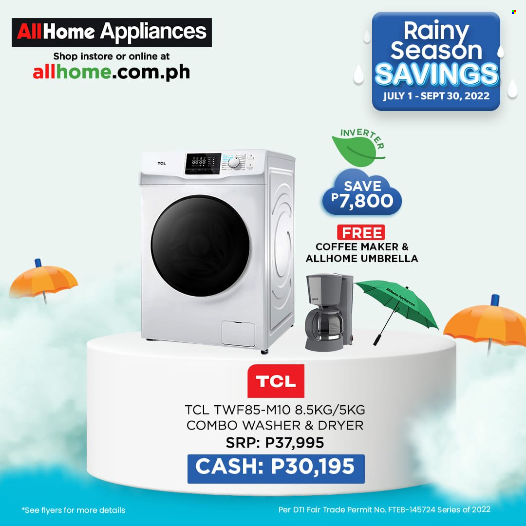 thumbnail - AllHome offer  - 1.7.2022 - 30.9.2022 - Sales products - TCL, washer & dryer, washing machine, coffee machine, umbrella. Page 27.