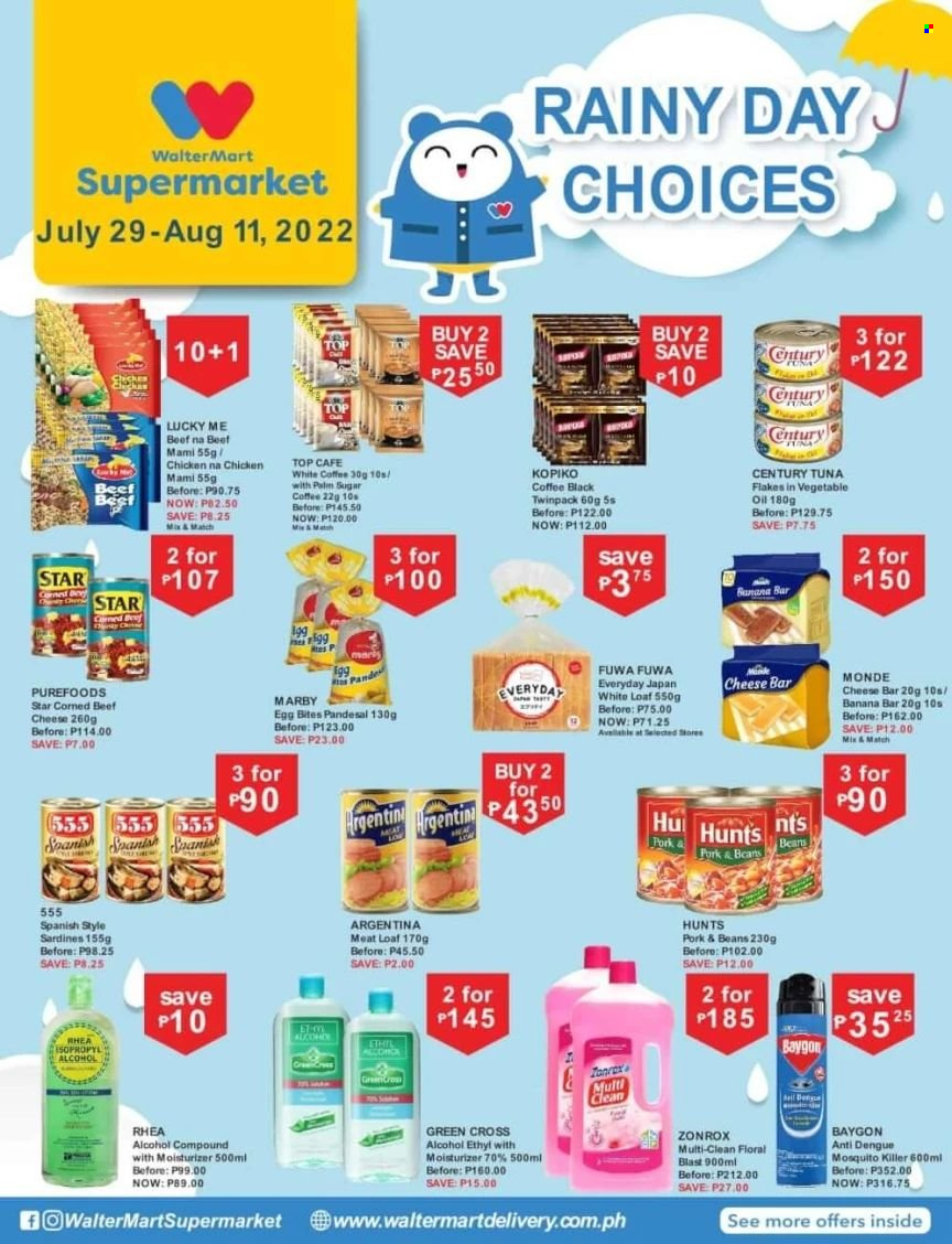 thumbnail - Walter Mart offer  - 29.7.2022 - 11.8.2022 - Sales products - sardines, tuna, corned beef, cheese, eggs, oil, coffee, beef meat, moisturizer. Page 1.