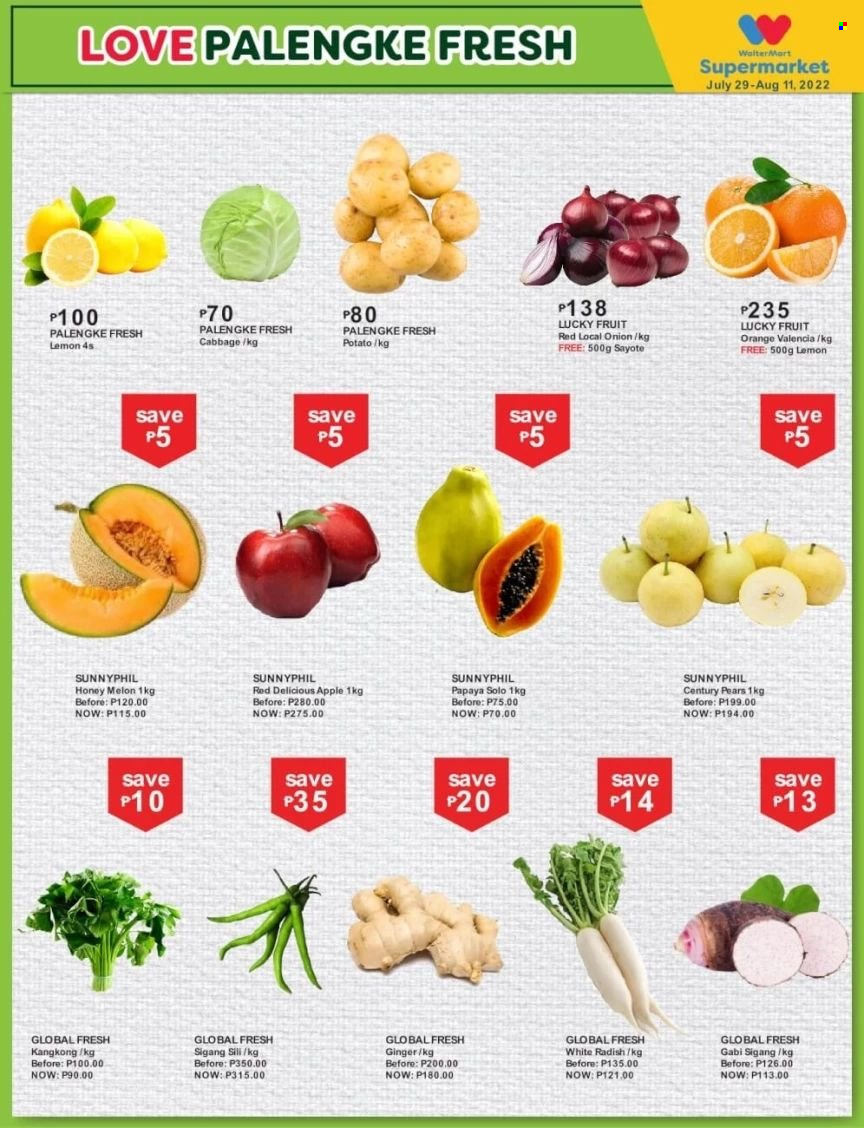 Walter Mart offer  - 29.7.2022 - 11.8.2022 - Sales products - Red Delicious apples, papaya, pears, orange, cabbage, ginger, radishes, onion, white radish, honey, melons. Page 2.