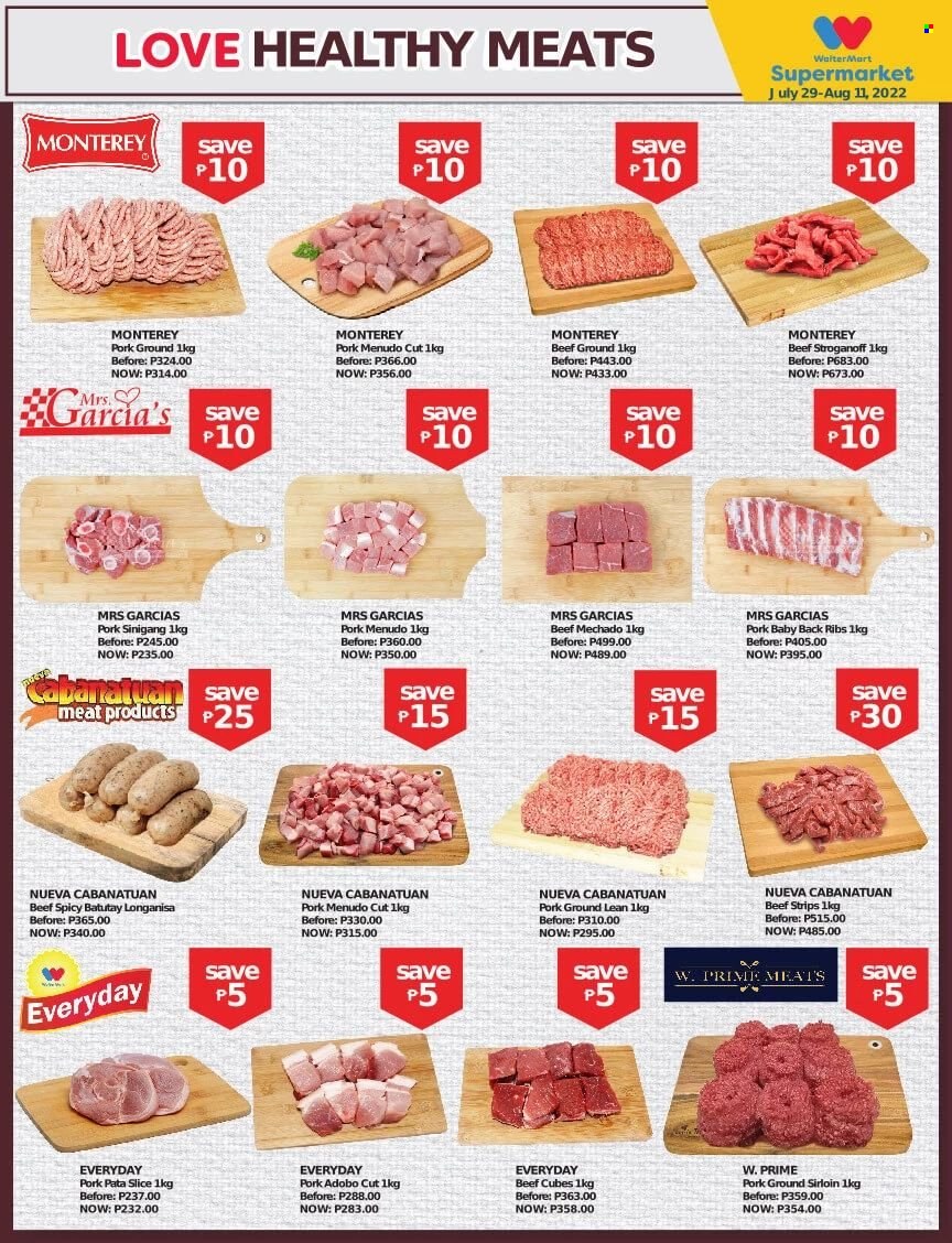 Walter Mart offer  - 29.7.2022 - 11.8.2022 - Sales products - strips, adobo sauce, beef meat, pork meat, pork ribs, pork back ribs. Page 3.
