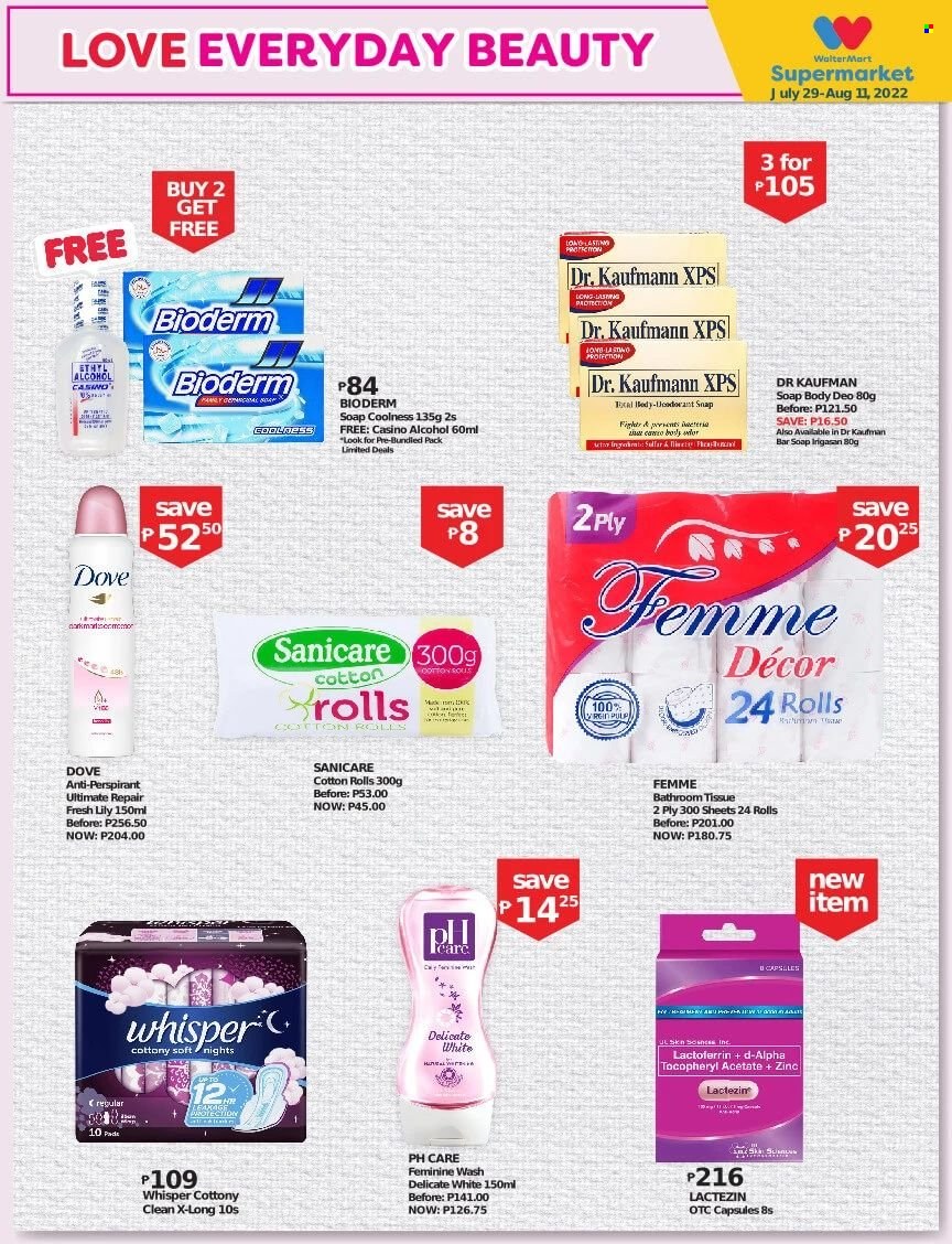 thumbnail - Walter Mart offer  - 29.7.2022 - 11.8.2022 - Sales products - Dove, alcohol, bath tissue, Sanicare, soap bar, soap, PH care, Whisper, anti-perspirant, deodorant, zinc. Page 9.