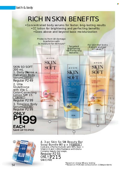 thumbnail - Avon offer  - 1.8.2022 - 31.8.2022 - Sales products - Avon, soap bar, soap, serum, Skin So Soft, body lotion. Page 54.