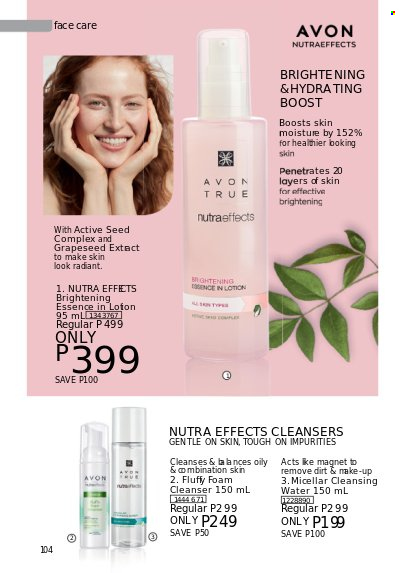 thumbnail - Avon offer  - 1.8.2022 - 31.8.2022 - Sales products - Avon, cleanser, Nutra Effects, body lotion, makeup. Page 104.