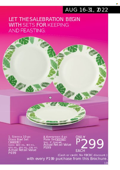 thumbnail - Avon offer  - 1.8.2022 - 31.8.2022 - Sales products - plate, bowl set, glass bowl, bowl. Page 139.