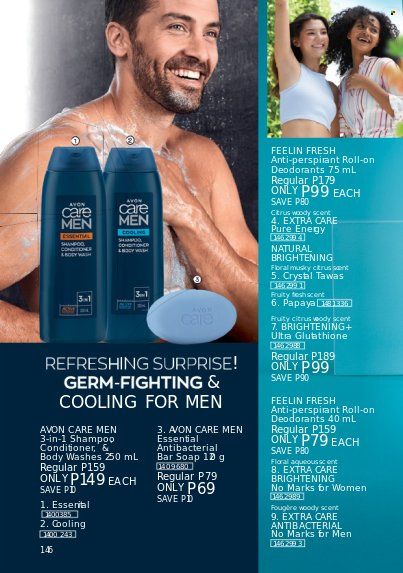 thumbnail - Avon offer  - 1.8.2022 - 31.8.2022 - Sales products - body wash, shampoo, Avon, soap bar, soap, conditioner, anti-perspirant, roll-on, deodorant. Page 146.