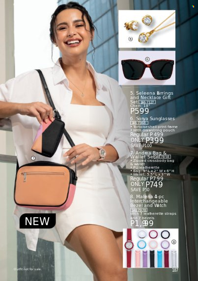 thumbnail - Avon offer  - 1.8.2022 - 31.8.2022 - Sales products - gift set, bag, cross body bag, necklace, sunglasses, wallet, watch. Page 187.
