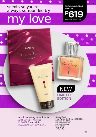 thumbnail - Avon offer  - Sales products - Avon, body lotion, eau de parfum, far away, gift set. Page 21.