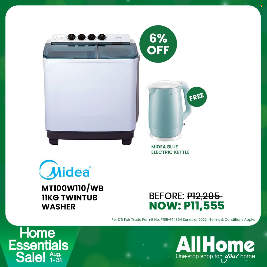 thumbnail - AllHome offer  - 1.8.2022 - 31.8.2022 - Sales products - Midea, washing machine, kettle. Page 15.
