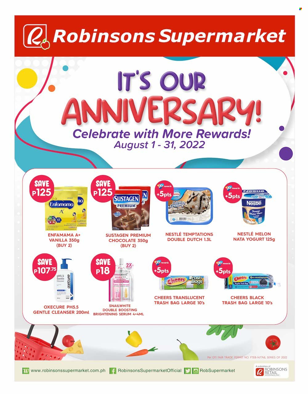 thumbnail - Robinsons Supermarket offer  - 1.8.2022 - 31.8.2022 - Sales products - yoghurt, Nestlé, chocolate, brightening serum, cleanser, serum, trash bags, melons. Page 1.
