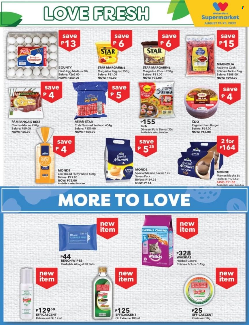 thumbnail - Walter Mart offer  - 12.8.2022 - 25.8.2022 - Sales products - bread, tuna, seafood, crab, hamburger, chorizo, eggs, margarine, Bounty, oil, wipes, ointment, Whiskas. Page 2.