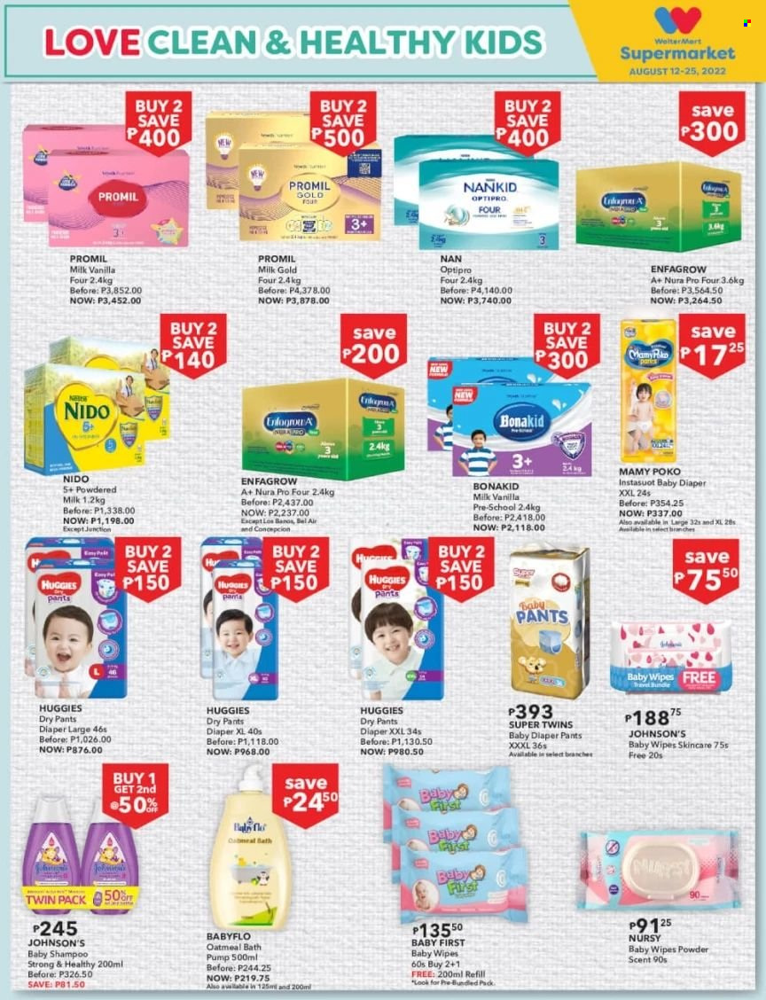 thumbnail - Walter Mart offer  - 12.8.2022 - 25.8.2022 - Sales products - powdered milk, oatmeal, wipes, Huggies, pants, baby wipes, Johnson's, MamyPoko, baby pants, shampoo. Page 7.