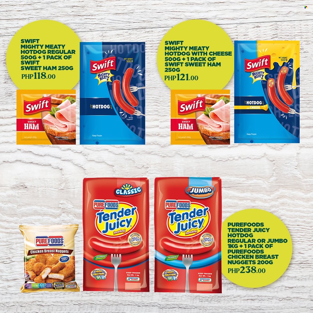 thumbnail - Puregold offer  - Sales products - hot dog, nuggets, chicken nuggets, ham, cheese. Page 3.