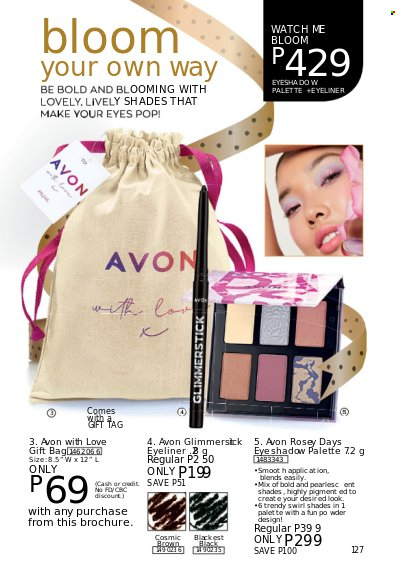thumbnail - Avon offer  - 1.9.2022 - 30.9.2022 - Sales products - Avon, Palette, eyeshadow, glimmerstick, shades, eyeliner, watch. Page 127.